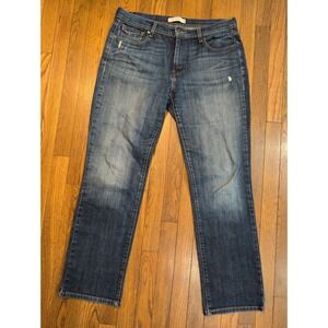 Levis 505 Straight Leg Jeans Dark Wash Fade Distressed Stretch Red Tab Size 14